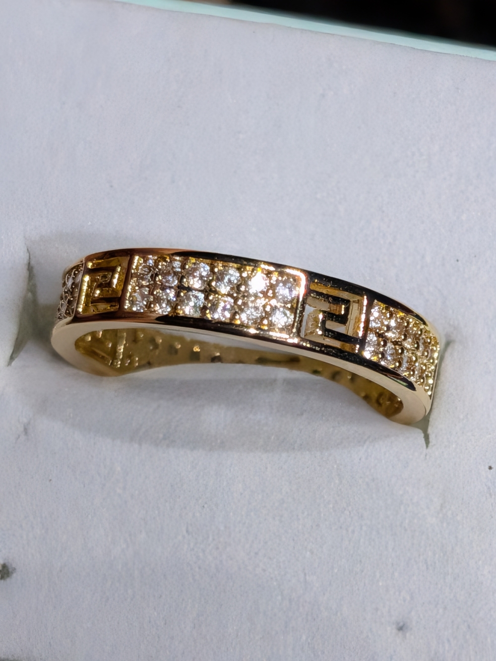 Delicate Gold Pavé Greek Key Ring with Clear Crystals Size 6.New